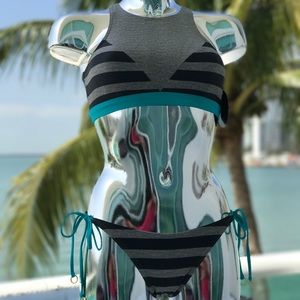 Neon Tide Two Piece Striped Grey Aqua Swimsuit